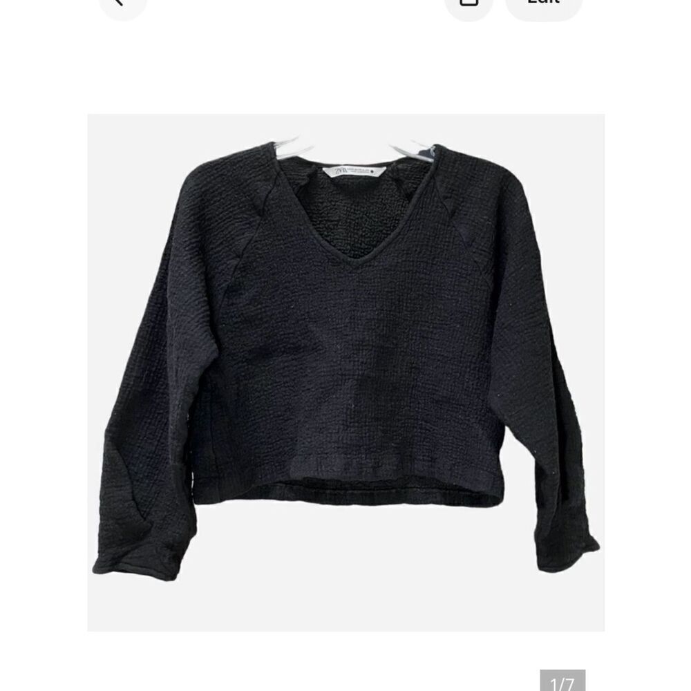 Zara Textured Crop Top with Raglan 3/4 Sleeves in Dark Black Women’s XS